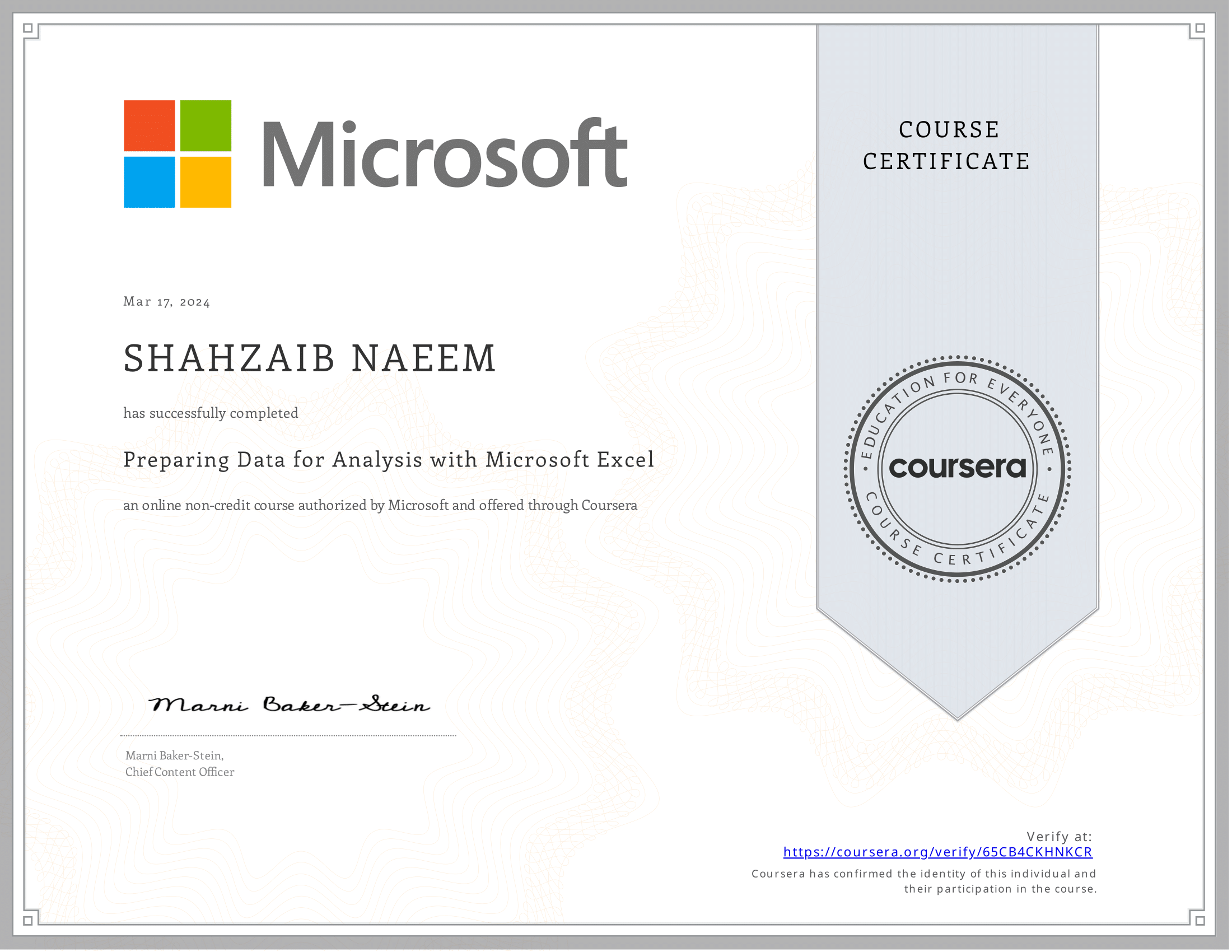 Microsoft Excel Data Analysis Certificate